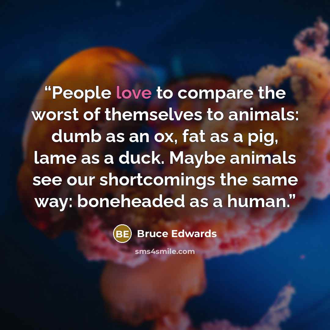 “People love to compare the worst of themselves to animals: dumb as an ox, fat as a pig, lame as a duck. Maybe animals see our shortcomings the same way: boneheaded as a human.” quote by Bruce Edwards
