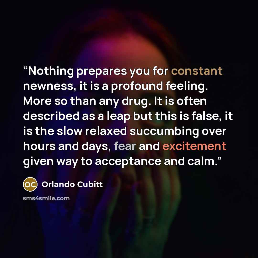 “Nothing prepares you for constant newness, it is a profound feeling. More so than any drug. It is often described as a leap but this is false, it is the slow relaxed succumbing over hours and days, fear and excitement given way to acceptance and calm.” quote by Orlando Cubitt