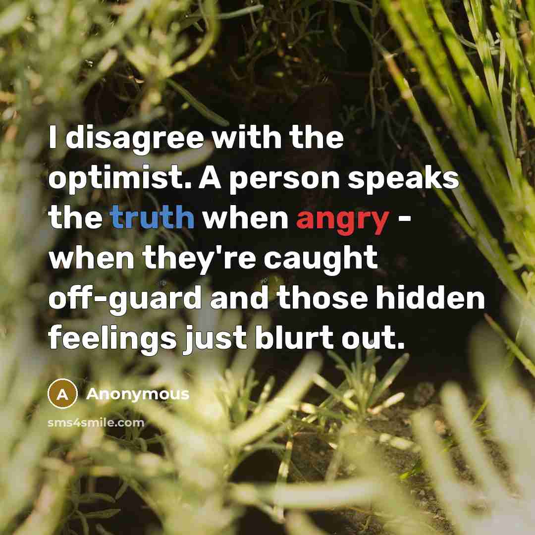 “I disagree with the optimist. A person speaks the truth when angry - when they're caught off-guard and those hidden feelings just blurt out.” quote by Anonymous