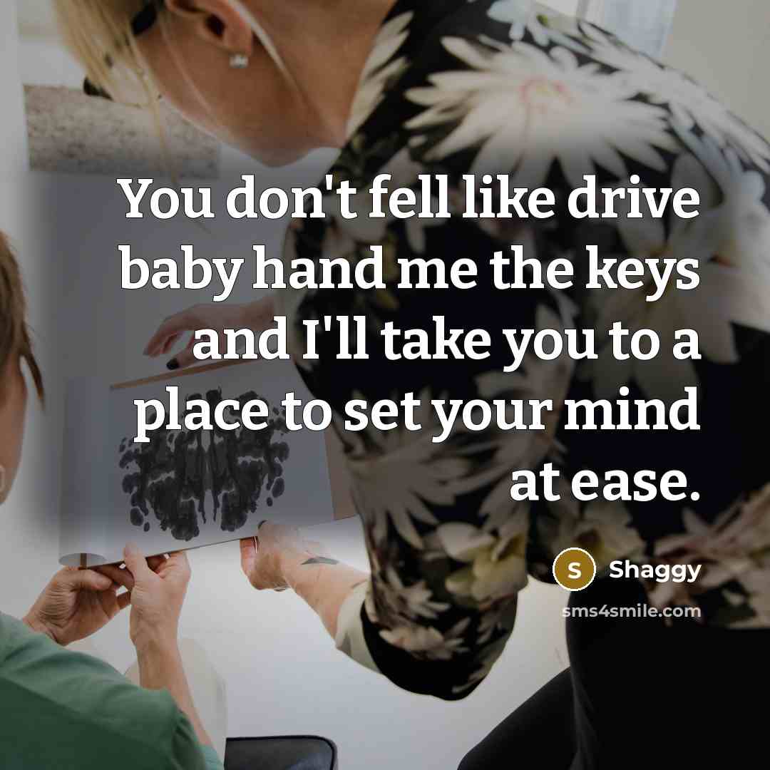 “You don't fell like drive baby hand me the keys and I'll take you to a place to set your mind at ease.” quote by Shaggy