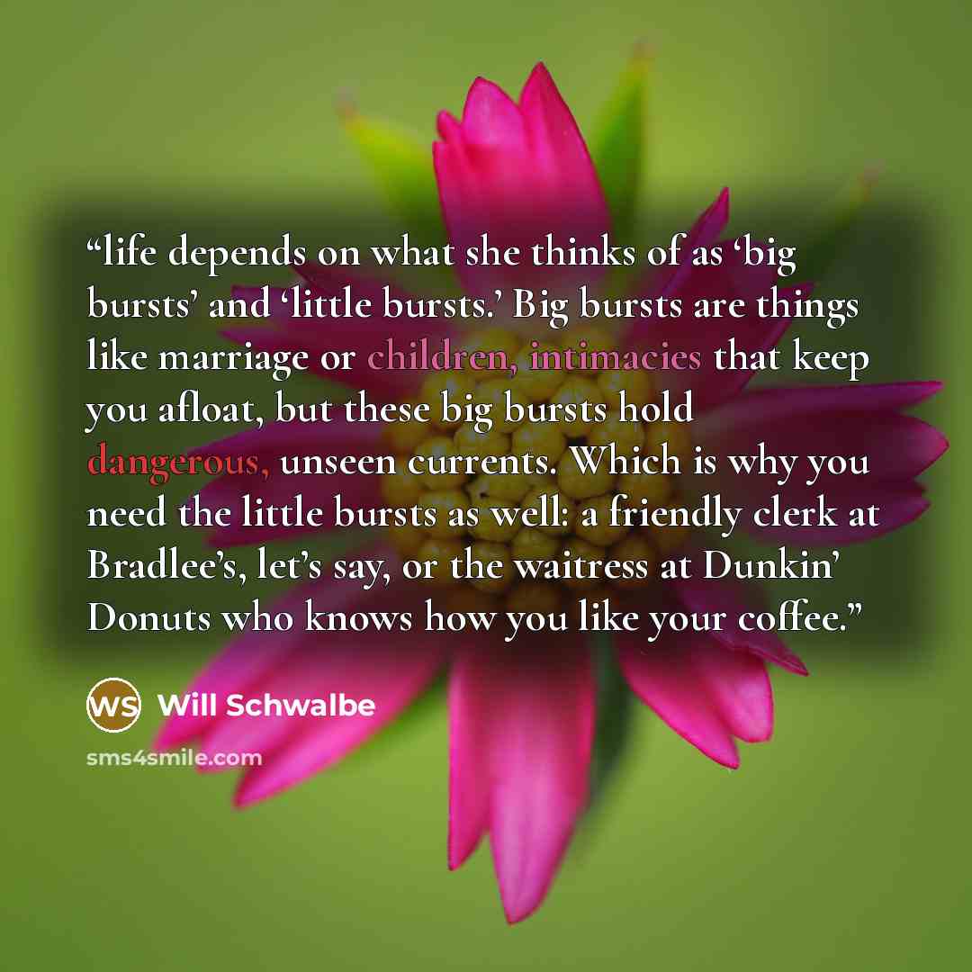 “life depends on what she thinks of as ‘big bursts’ and ‘little bursts.’ Big bursts are things like marriage or children, intimacies that keep you afloat, but these big bursts hold dangerous, unseen currents. Which is why you need the little bursts as well: a friendly clerk at Bradlee’s, let’s say…” quote by Will Schwalbe