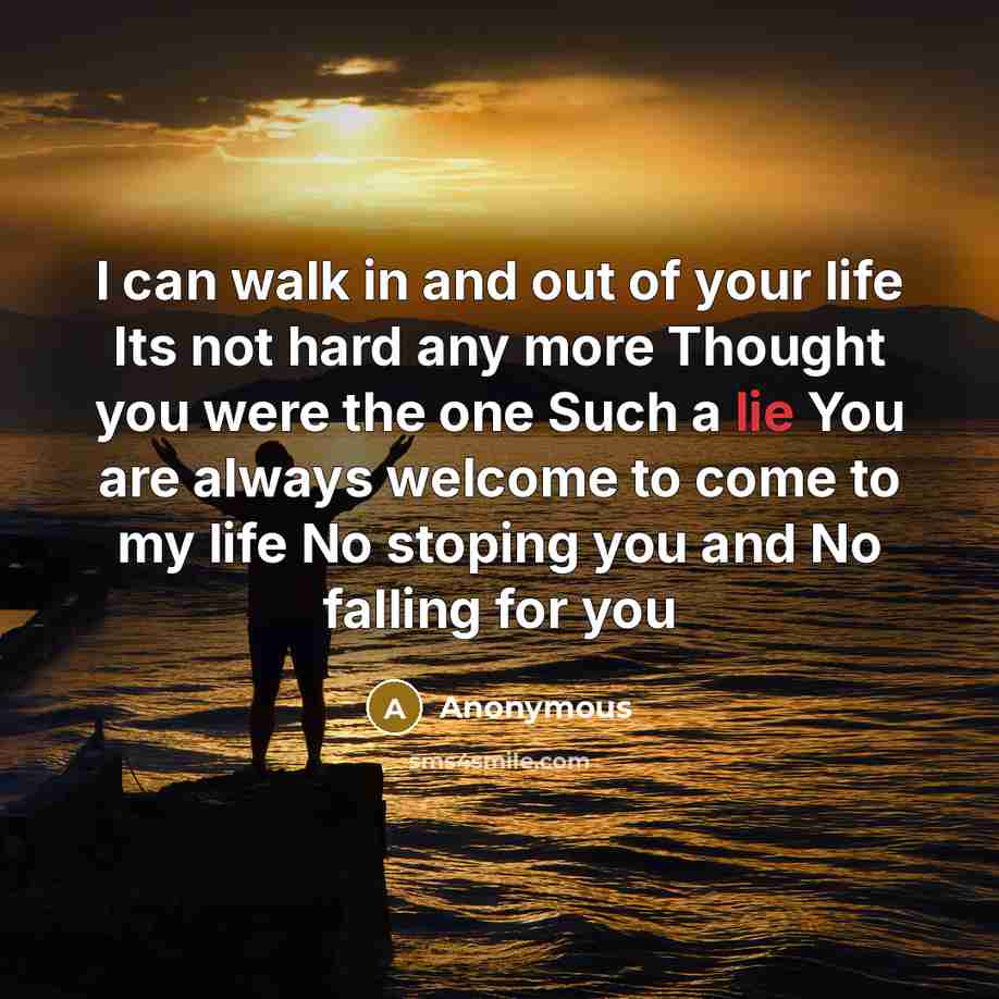 “I can walk in and out of your life Its not hard any more Thought you were the one Such a lie You are always welcome to come to my life No stoping you and No falling for you” quote by Anonymous