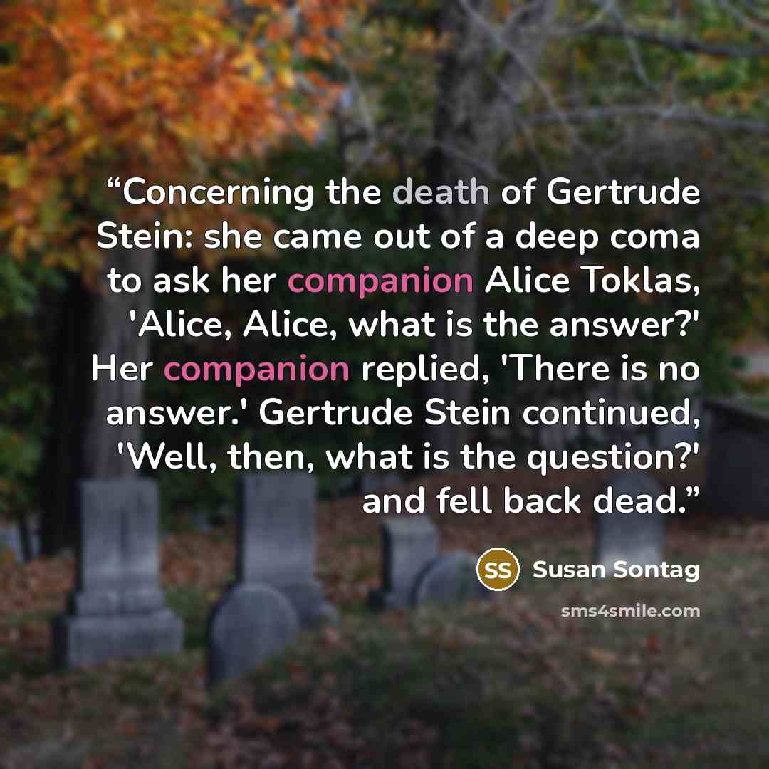 “Concerning the death of Gertrude Stein: she came out of a deep coma to ask her companion Alice Toklas, 'Alice, Alice, what is the answer?' Her companion replied, 'There is no answer.' Gertrude Stein continued, 'Well, then, what is the question?' and fell back dead.” quote by Susan Sontag