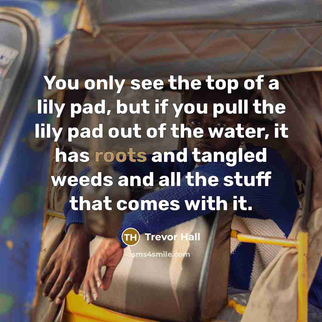 “You only see the top of a lily pad, but if you pull the lily pad out of the water, it has roots and tangled weeds and all the stuff that comes with it.” quote by Trevor Hall