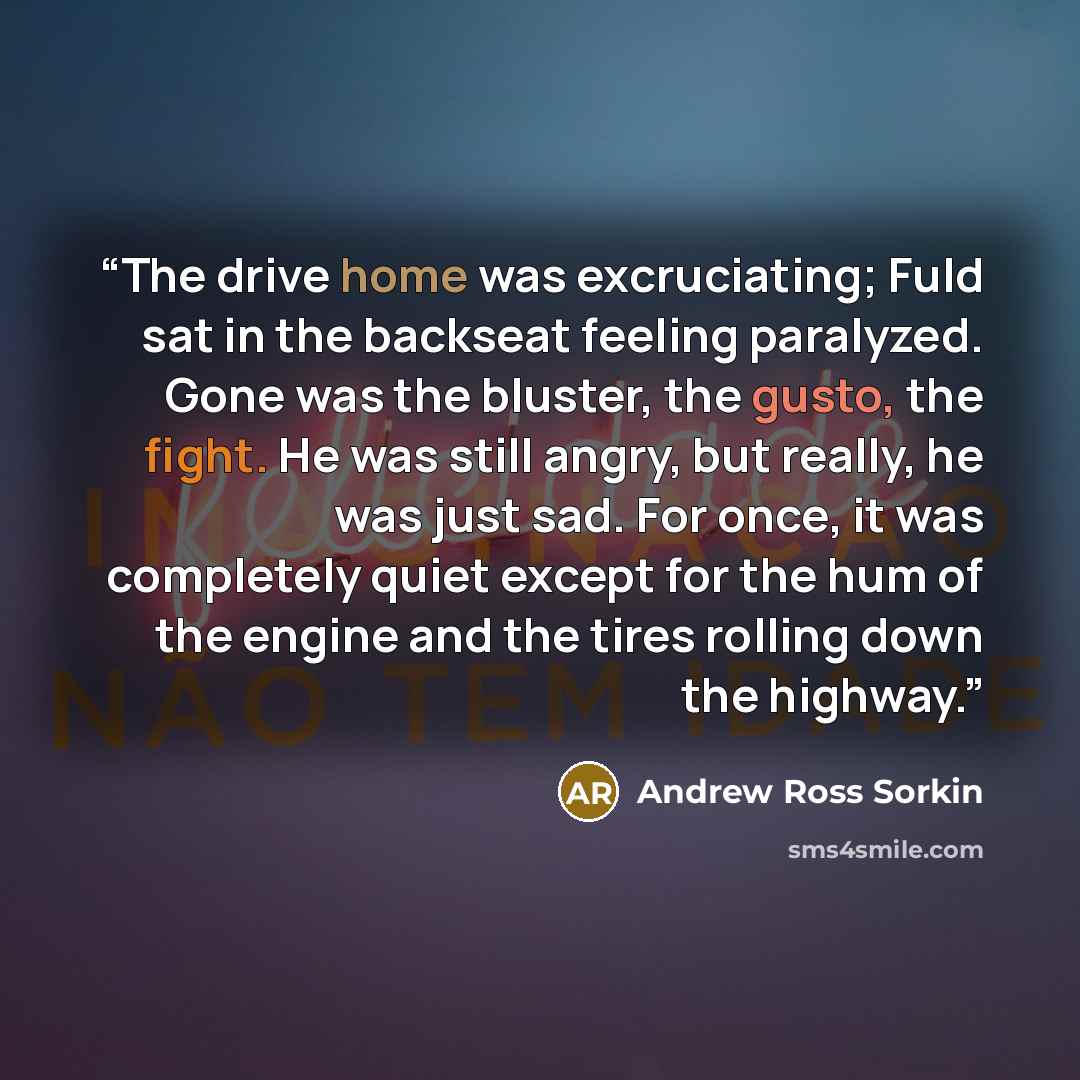 “The drive home was excruciating; Fuld sat in the backseat feeling paralyzed. Gone was the bluster, the gusto, the fight. He was still angry, but really, he was just sad. For once, it was completely quiet except for the hum of the engine and the tires rolling down the highway.” quote by Andrew Ross Sorkin