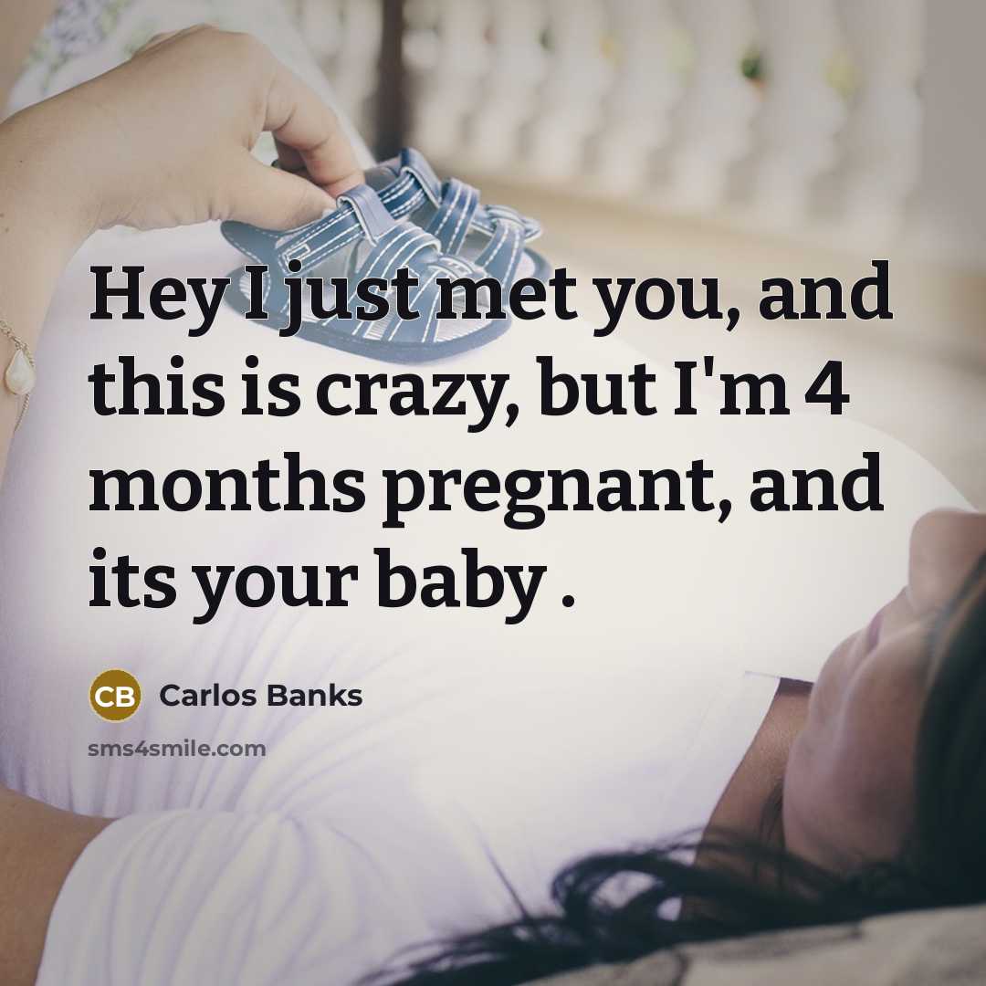 “Hey I just met you, and this is crazy, but I'm 4 months pregnant, and its your baby .” quote by Carlos Banks
