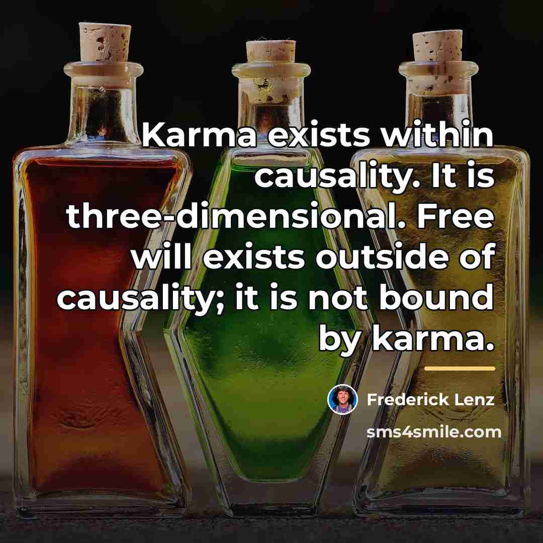 “Karma exists within causality. It is three-dimensional. Free will exists…” quote by Frederick Lenz