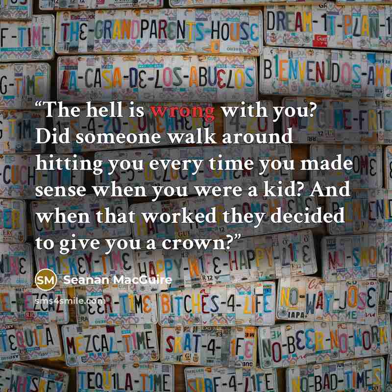 “The hell is wrong with you? Did someone walk around hitting you every time you made sense when you were a kid? And when that worked they decided to give you a crown?” quote by Seanan MacGuire