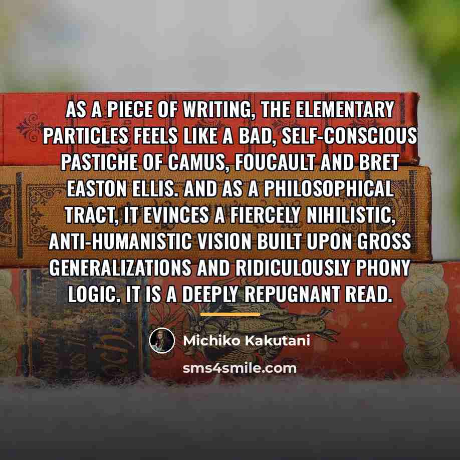 “As a piece of writing, The Elementary Particles feels like…” quote by Michiko Kakutani