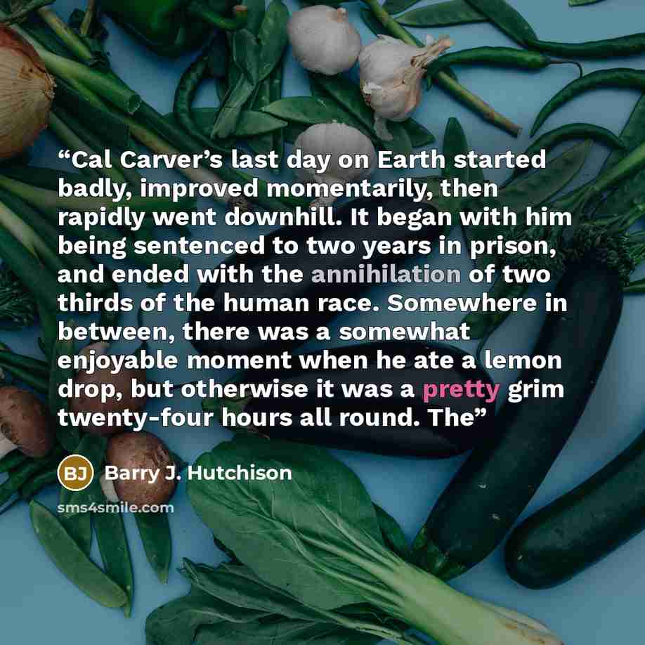 “Cal Carver’s last day on Earth started badly, improved momentarily, then rapidly went downhill. It began with him being sentenced to two years in prison, and ended with the annihilation of two thirds of the human race. Somewhere in between, there was a somewhat enjoyable moment when he ate a lemon…” quote by Barry J. Hutchison