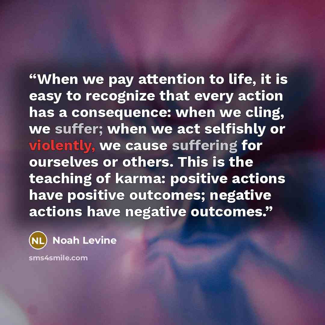 “When we pay attention to life, it is easy to recognize that every action has a consequence: when we cling, we suffer; when we act selfishly or violently, we cause suffering for ourselves or others. This is the teaching of karma: positive actions have positive outcomes; negative actions have…” quote by Noah Levine