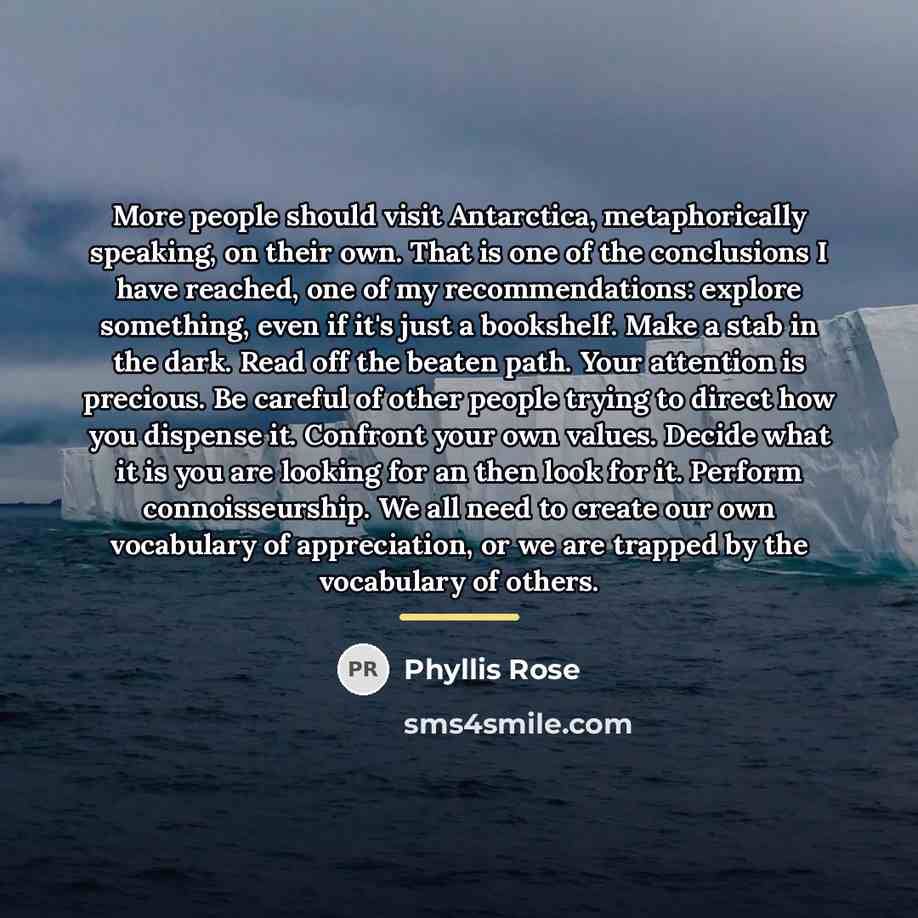 “More people should visit Antarctica, metaphorically speaking, on their own.…” quote by Phyllis Rose