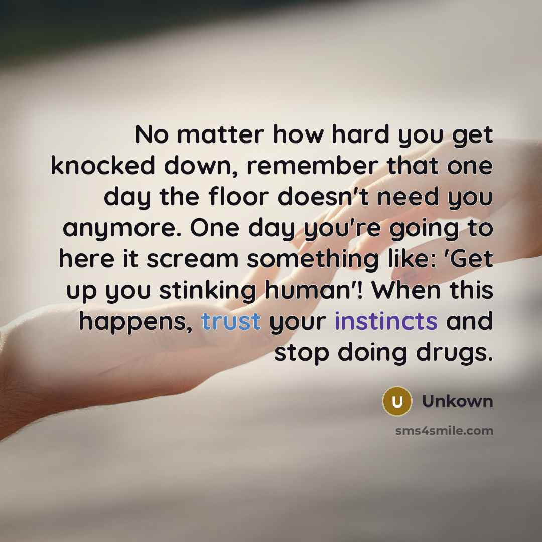 “No matter how hard you get knocked down, remember that one day the floor doesn't need you anymore. One day you're going to here it scream something like: 'Get up you stinking human'! When this happens, trust your instincts and stop doing drugs.” quote by Unkown