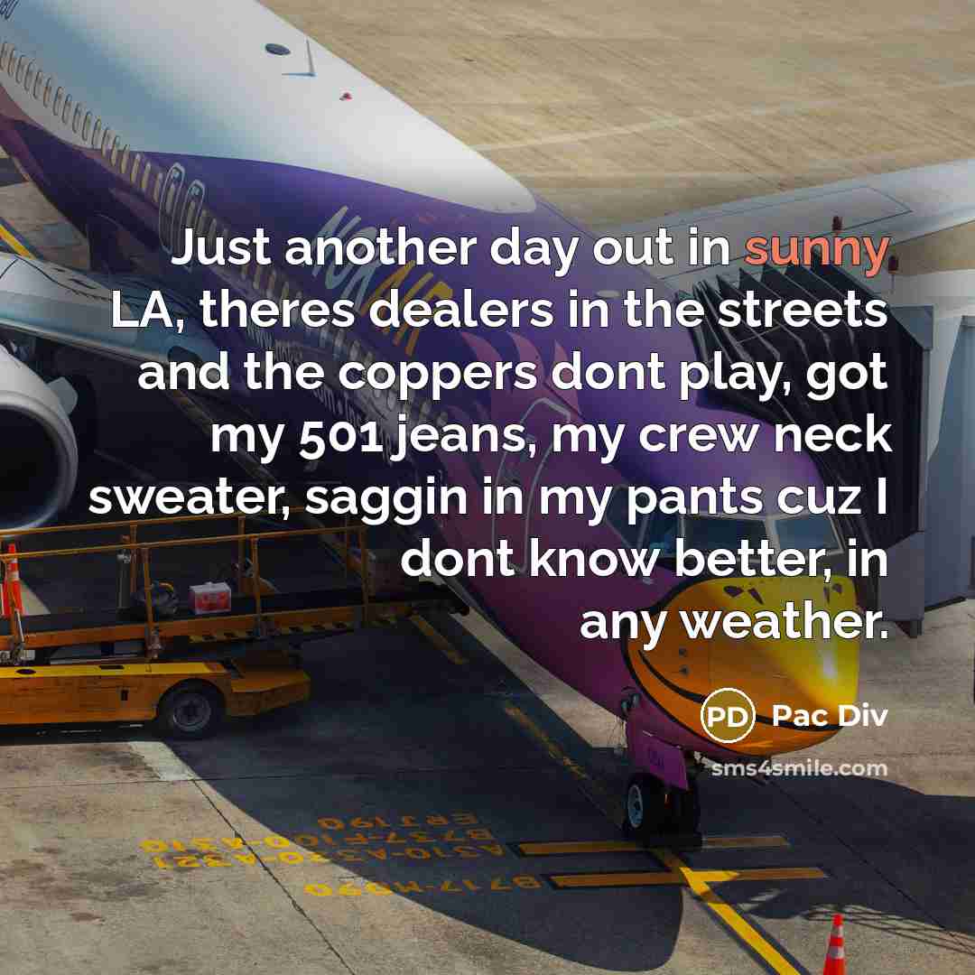 “Just another day out in sunny LA, theres dealers in…” quote by Pac Div