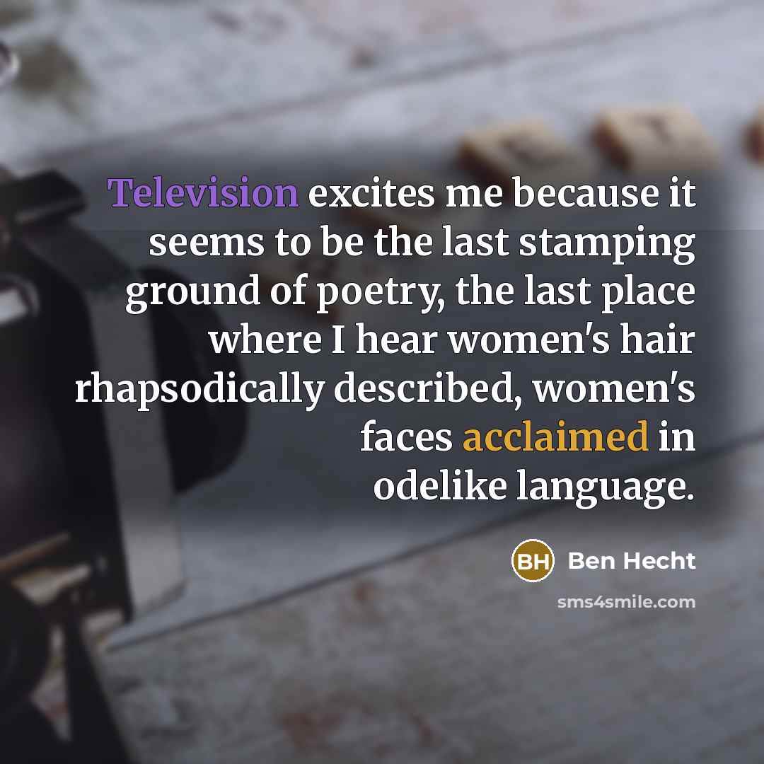 “Television excites me because it seems to be the last stamping ground of poetry, the last place where I hear women's hair rhapsodically described, women's faces acclaimed in odelike language.” quote by Ben Hecht