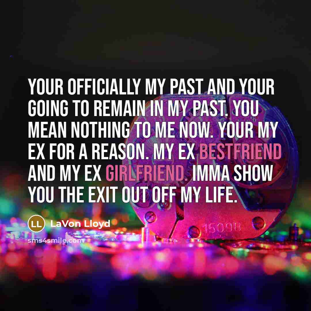 “Your officially my past and your going to remain in my past. You mean nothing to me now. Your my ex for a reason. My ex bestfriend and my ex girlfriend. Imma show you the EXit out off my life.” quote by LaVon Lloyd