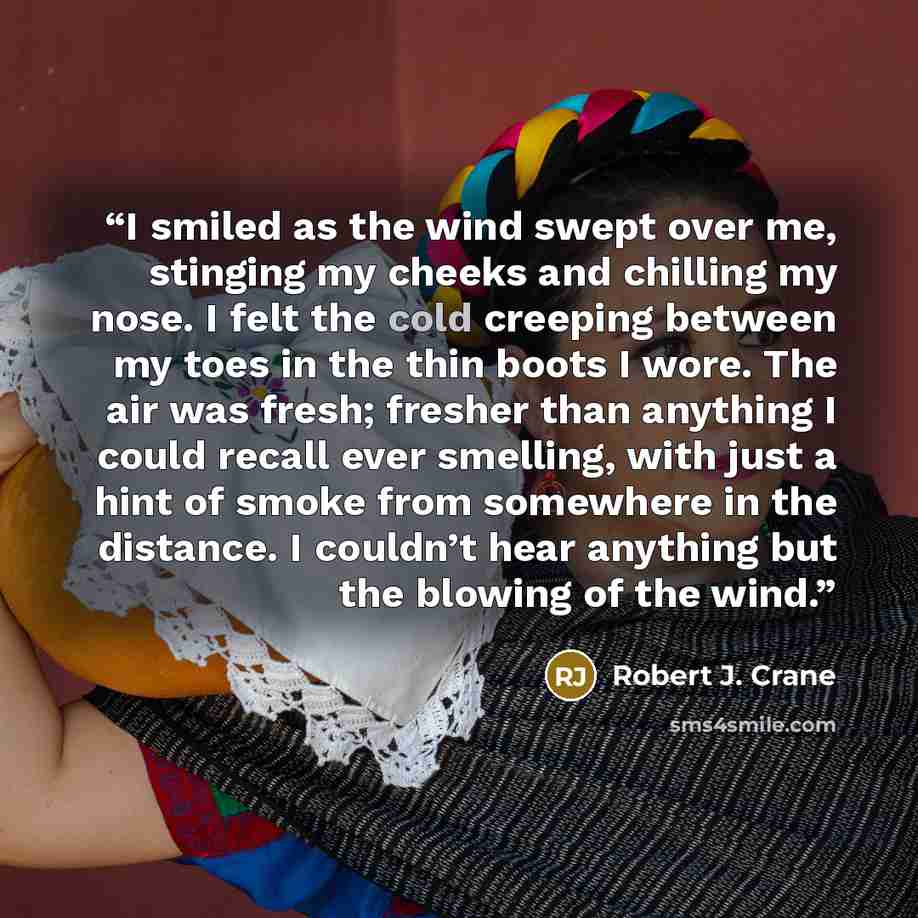 “I smiled as the wind swept over me, stinging my cheeks and chilling my nose. I felt the cold creeping between my toes in the thin boots I wore. The air was fresh; fresher than anything I could recall ever smelling, with just a hint of smoke from somewhere in the distance. I couldn’t hear anything…” quote by Robert J. Crane
