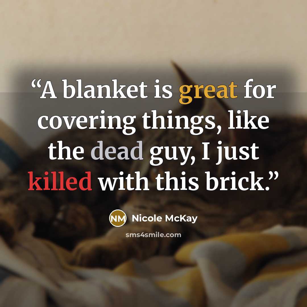 “A blanket is great for covering things, like the dead guy, I just killed with this brick.” quote by Nicole McKay