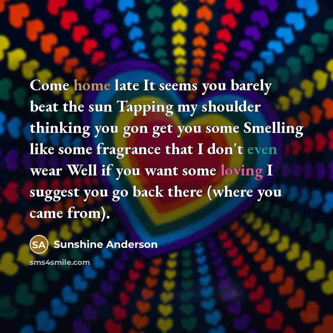 “Come home late It seems you barely beat the sun Tapping my shoulder thinking you gon get you some Smelling like some fragrance that I don't even wear Well if you want some loving I suggest you go back there (where you came from).” quote by Sunshine Anderson