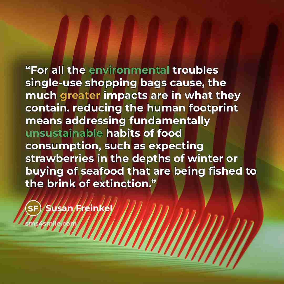 “For all the environmental troubles single-use shopping bags cause, the much greater impacts are in what they contain. reducing the human footprint means addressing fundamentally unsustainable habits of food consumption, such as expecting strawberries in the depths of winter or buying of seafood…” quote by Susan Freinkel