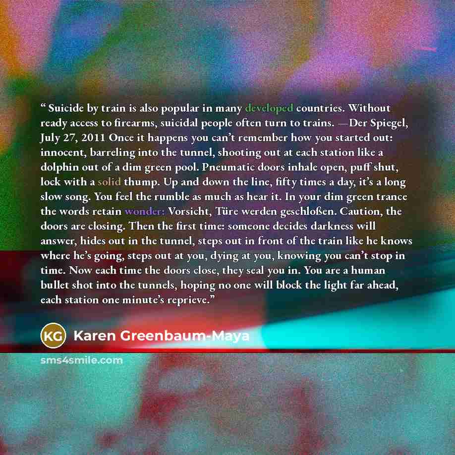 “Suicide by train is also popular in many developed countries. Without ready access to firearms, suicidal people often turn to trains. —Der Spiegel, July 27, 2011 Once it happens you can’t remember how you started out: innocent, barreling into the tunnel, shooting out at each station like a dolphin…” quote by Karen Greenbaum-Maya