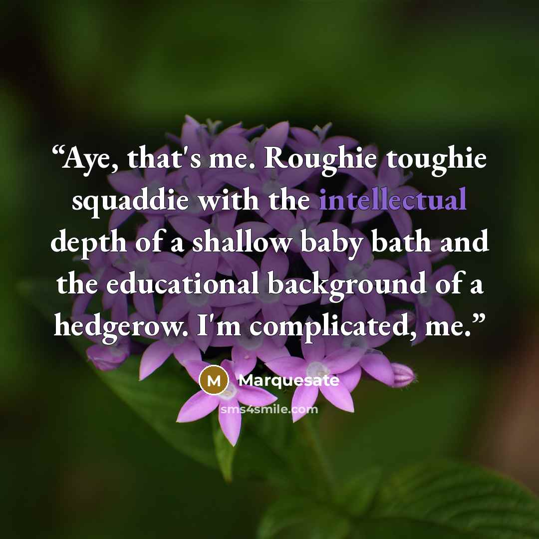 “Aye, that's me. Roughie toughie squaddie with the intellectual depth of a shallow baby bath and the educational background of a hedgerow. I'm complicated, me.” quote by Marquesate