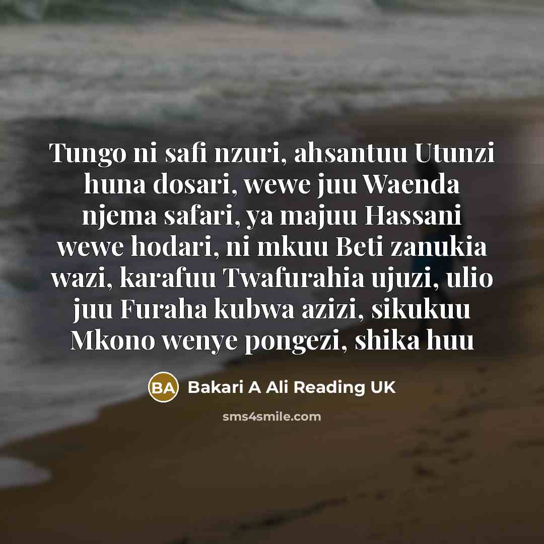 “Tungo ni safi nzuri, ahsantuu Utunzi huna dosari, wewe juu Waenda njema safari, ya majuu Hassani wewe hodari, ni mkuu Beti zanukia wazi, karafuu Twafurahia ujuzi, ulio juu Furaha kubwa azizi, sikukuu Mkono wenye pongezi, shika huu” quote by Bakari A Ali Reading UK