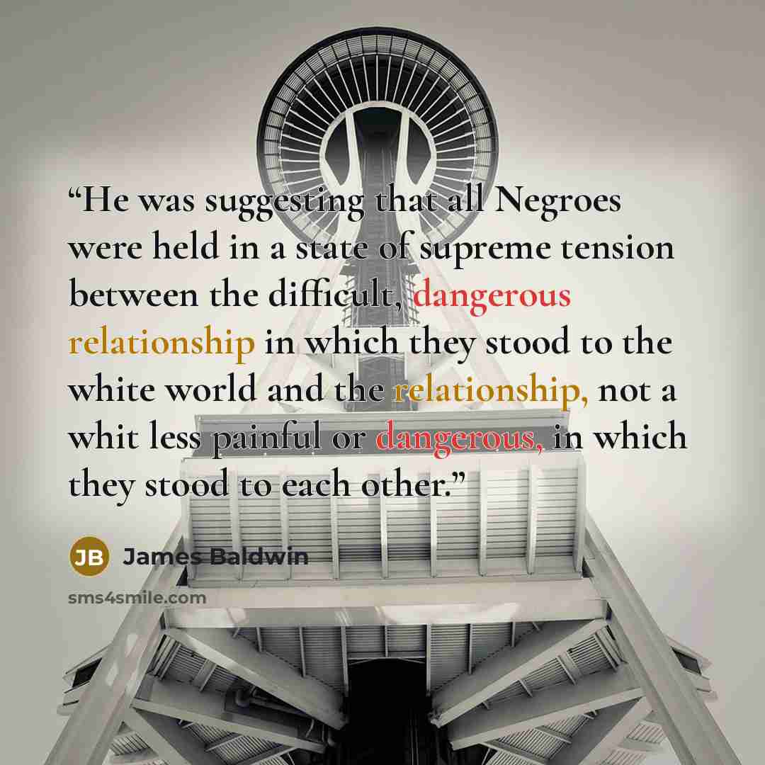 “He was suggesting that all Negroes were held in a state of supreme tension between the difficult, dangerous relationship in which they stood to the white world and the relationship, not a whit less painful or dangerous, in which they stood to each other.” quote by James Baldwin