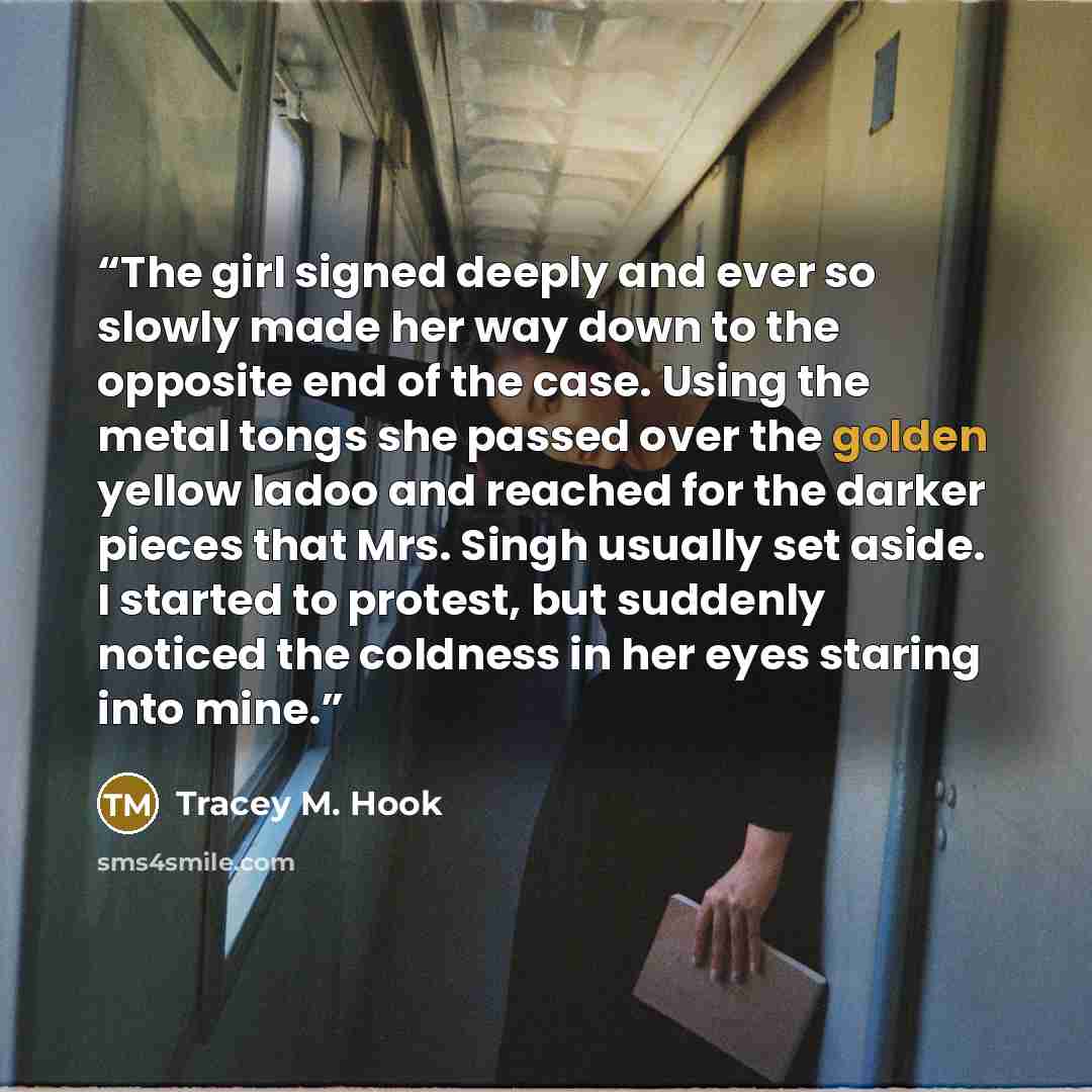 “The girl signed deeply and ever so slowly made her way down to the opposite end of the case. Using the metal tongs she passed over the golden yellow ladoo and reached for the darker pieces that Mrs. Singh usually set aside. I started to protest, but suddenly noticed the coldness in her eyes…” quote by Tracey M. Hook
