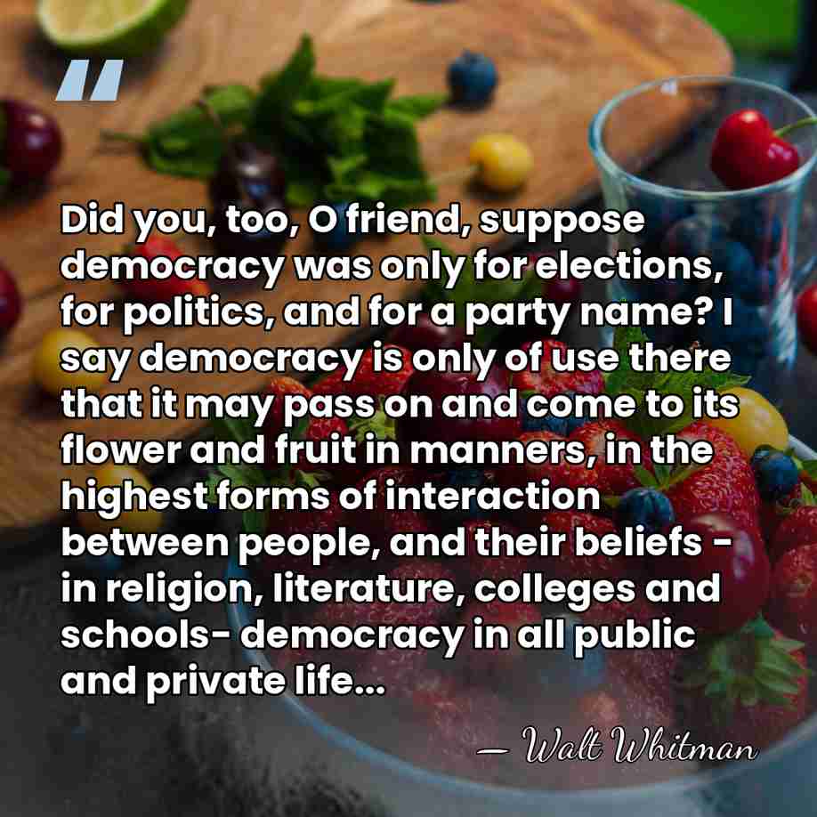 Did you, too, O friend, suppose democracy was only for elections, for&hellip; - Walt Whitman