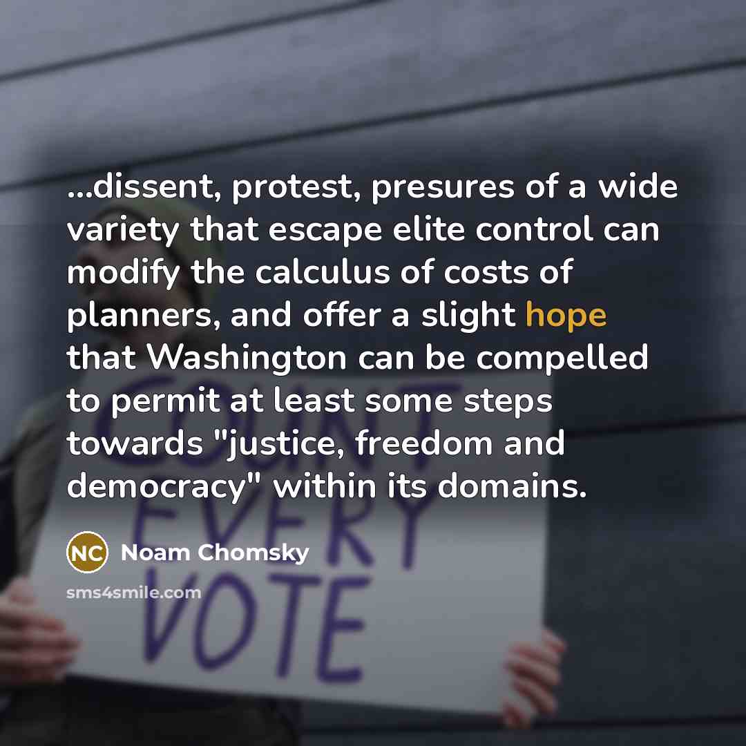 “...dissent, protest, presures of a wide variety that escape elite…” quote by Noam Chomsky