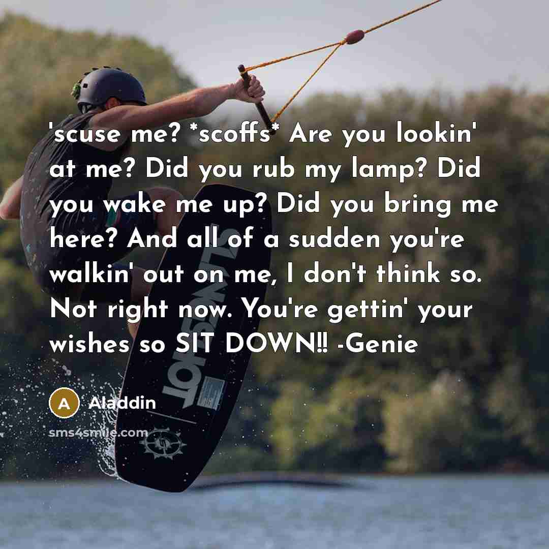 “'scuse me? *scoffs* Are you lookin' at me? Did you rub my lamp? Did you wake me up? Did you bring me here? And all of a sudden you're walkin' out on me, I don't think so. Not right now. You're gettin' your wishes so SIT DOWN!! -Genie” quote by Aladdin