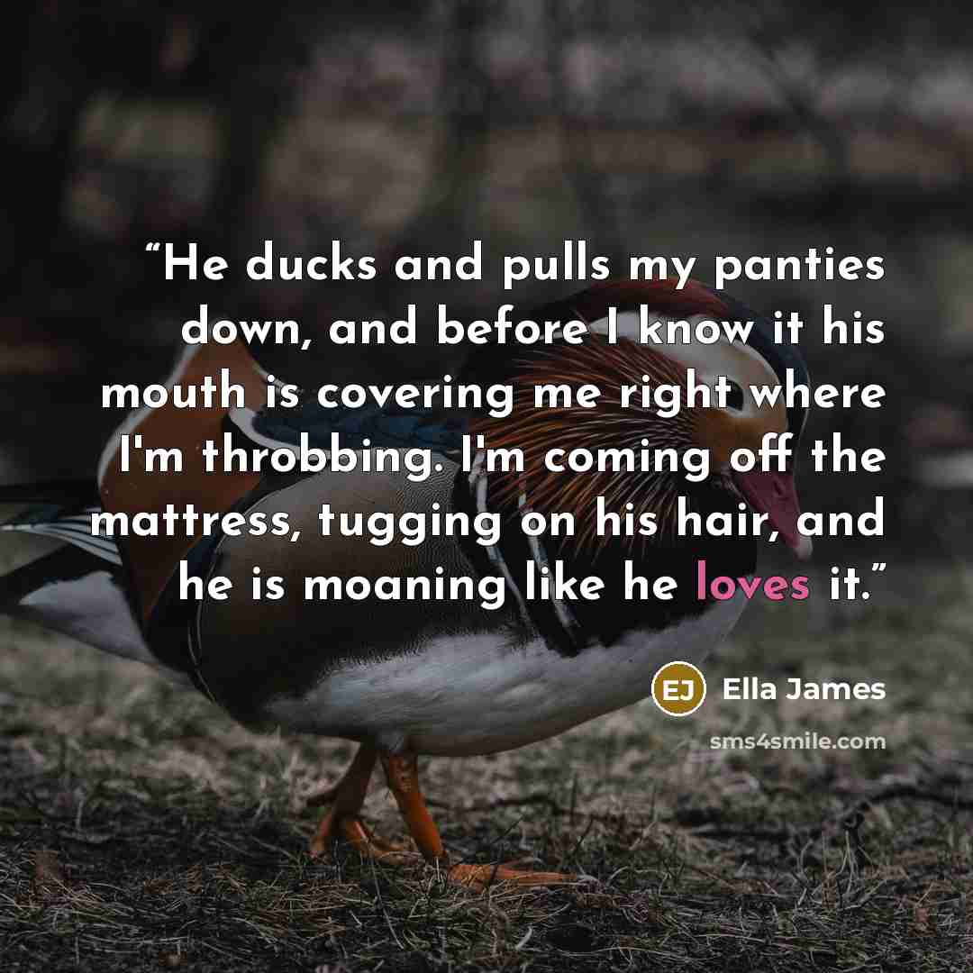 “He ducks and pulls my panties down, and before I know it his mouth is covering me right where I'm throbbing. I'm coming off the mattress, tugging on his hair, and he is moaning like he loves it.” quote by Ella James