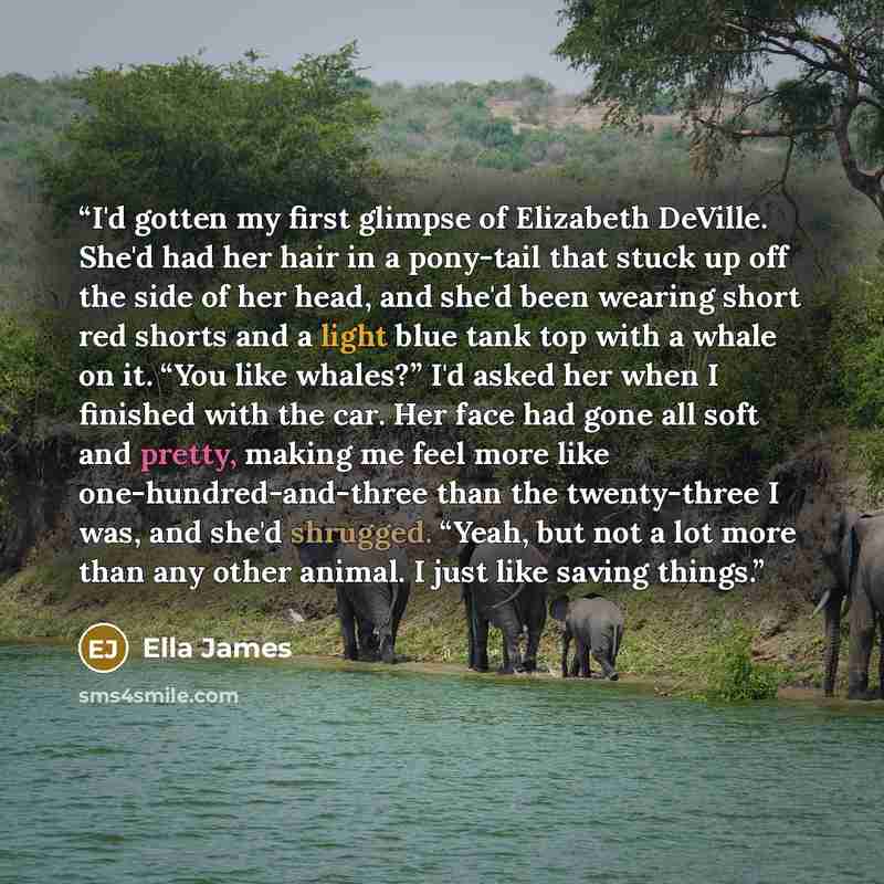 “I'd gotten my first glimpse of Elizabeth DeVille. She'd had her hair in a pony-tail that stuck up off the side of her head, and she'd been wearing short red shorts and a light blue tank top with a whale on it. “You like whales?” I'd asked her when I finished with the car. Her face had gone all…” quote by Ella James