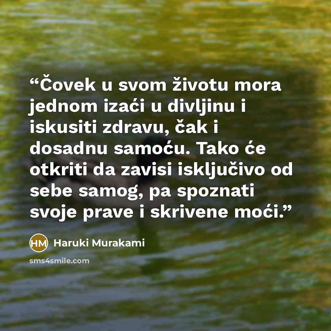 “Čovek u svom životu mora jednom izaći u divljinu i iskusiti zdravu, čak i dosadnu samoću. Tako će otkriti da zavisi isključivo od sebe samog, pa spoznati svoje prave i skrivene moći.” quote by Haruki Murakami