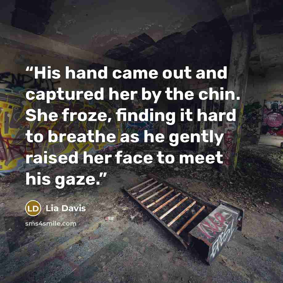 “His hand came out and captured her by the chin. She froze, finding it hard to breathe as he gently raised her face to meet his gaze.” quote by Lia Davis