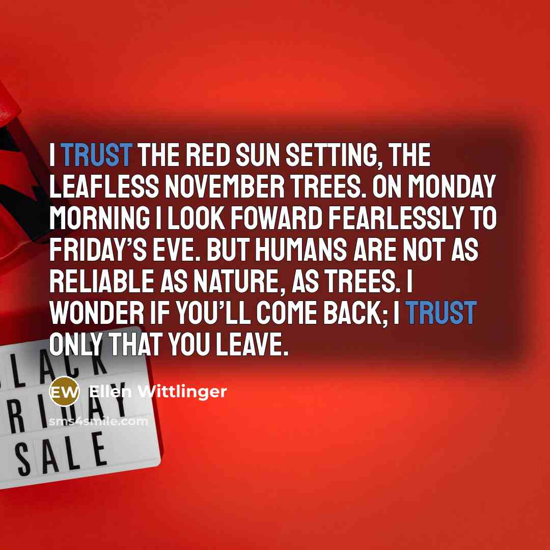 “I trust the red sun setting, the leafless November trees.…” quote by Ellen Wittlinger