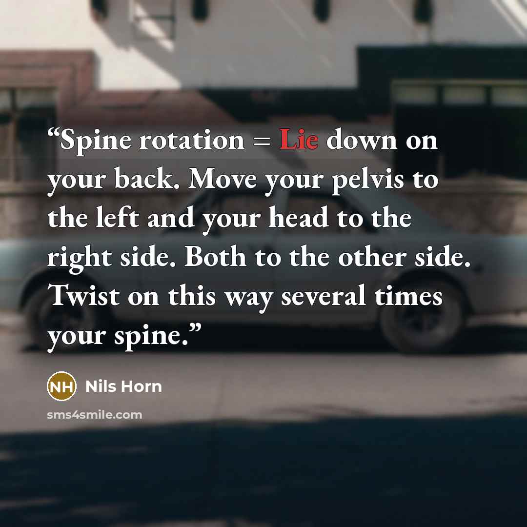 “Spine rotation = Lie down on your back. Move your pelvis to the left and your head to the right side. Both to the other side. Twist on this way several times your spine.” quote by Nils Horn