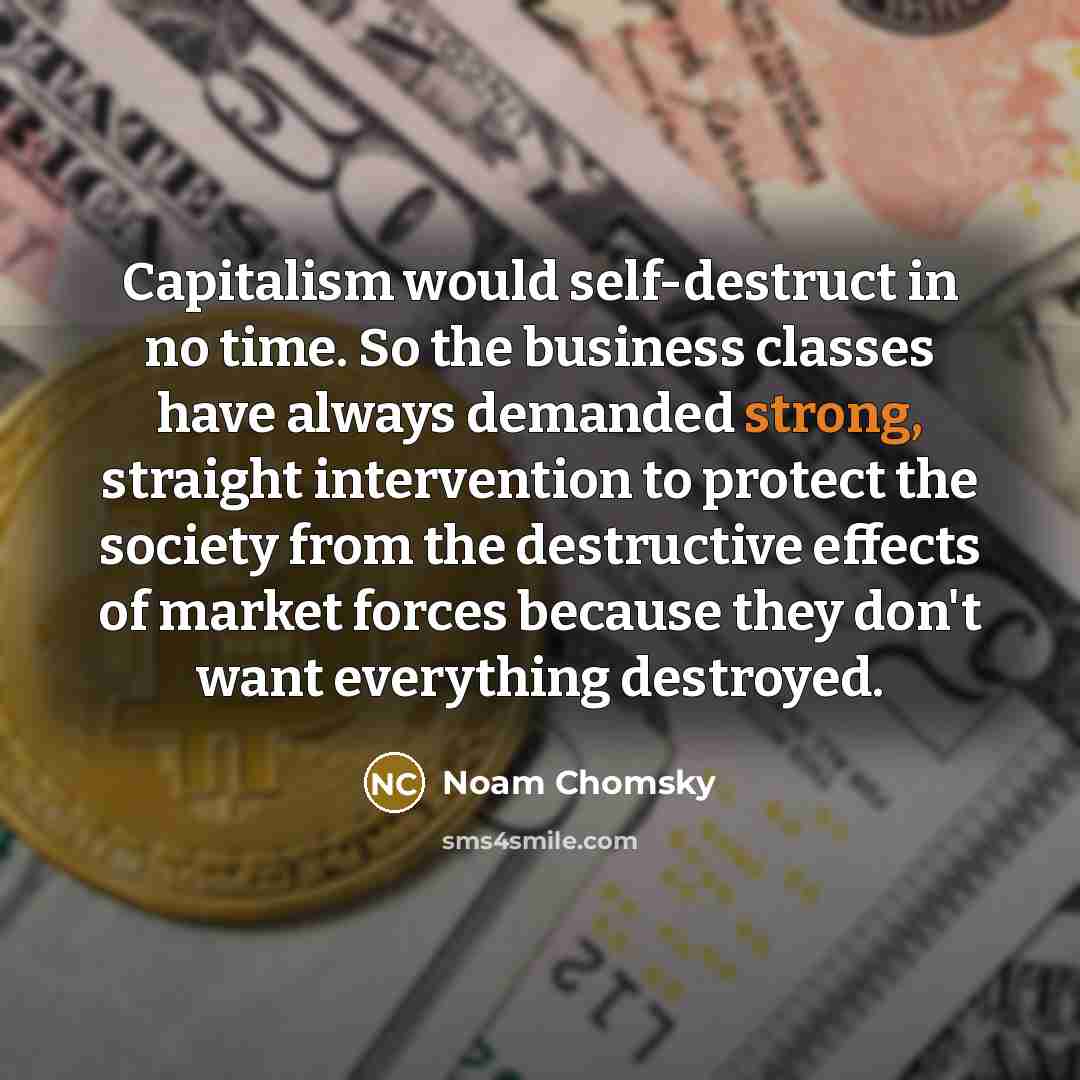 “Capitalism would self-destruct in no time. So the business classes…” quote by Noam Chomsky