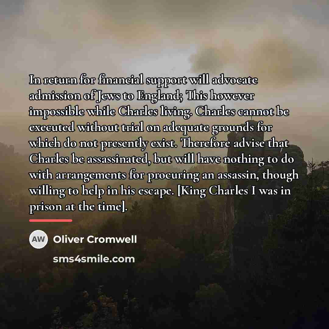 “In return for financial support will advocate admission of Jews…” quote by Oliver Cromwell