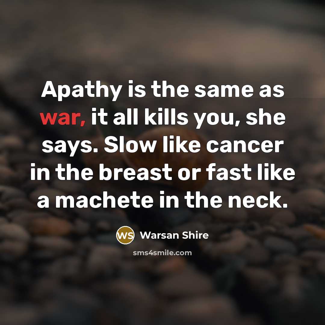 “Apathy is the same as war, it all kills you,…” quote by Warsan Shire