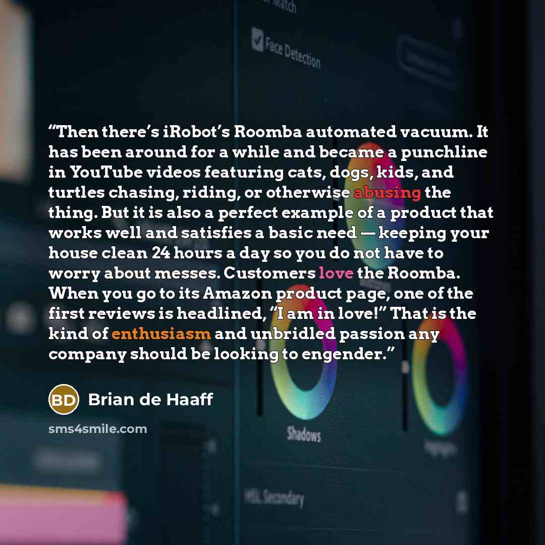 “Then there’s iRobot’s Roomba automated vacuum. It has been around for a while and became a punchline in YouTube videos featuring cats, dogs, kids, and turtles chasing, riding, or otherwise abusing the thing. But it is also a perfect example of a product that works well and satisfies a basic need…” quote by Brian de Haaff