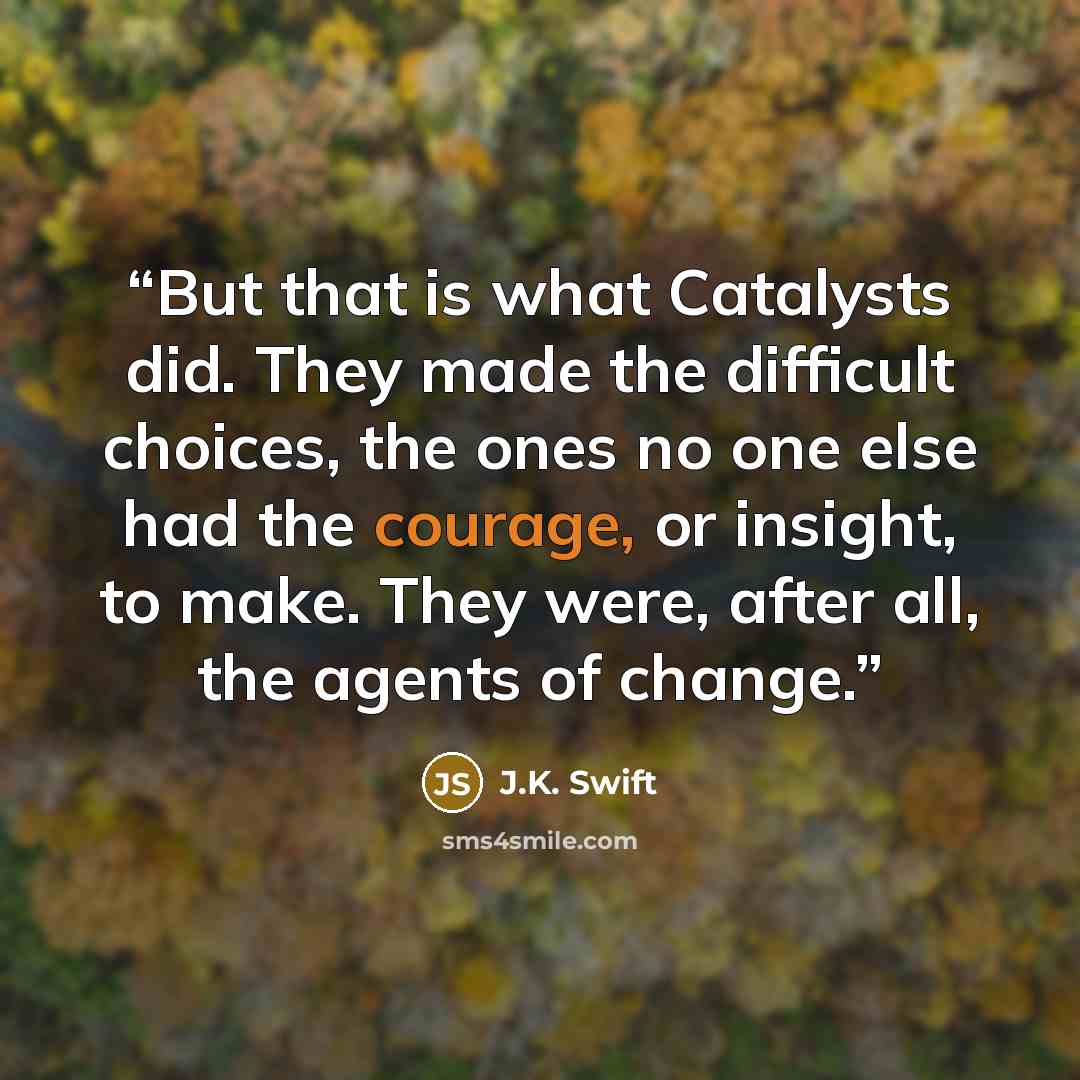 “But that is what Catalysts did. They made the difficult choices, the ones no one else had the courage, or insight, to make. They were, after all, the agents of change.” quote by J.K. Swift