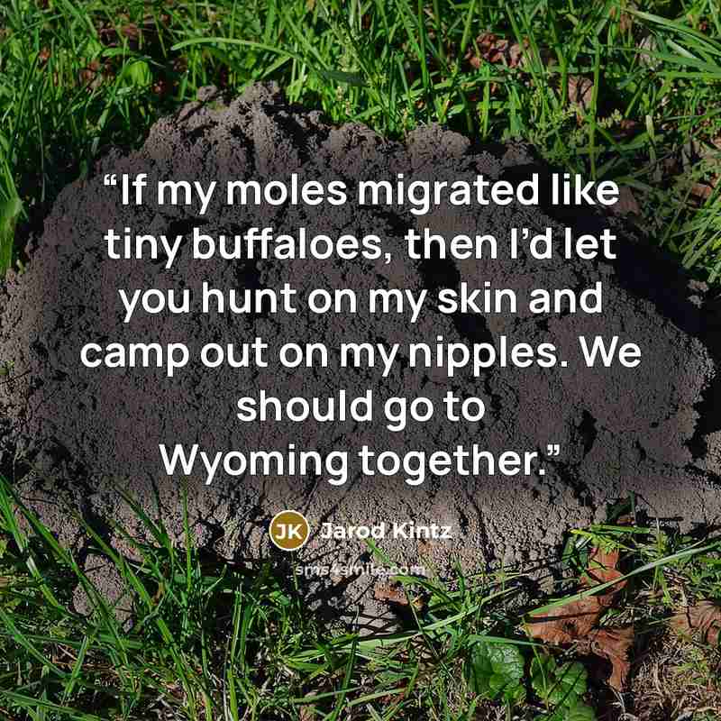 “If my moles migrated like tiny buffaloes, then I’d let you hunt on my skin and camp out on my nipples. We should go to Wyoming together.” quote by Jarod Kintz