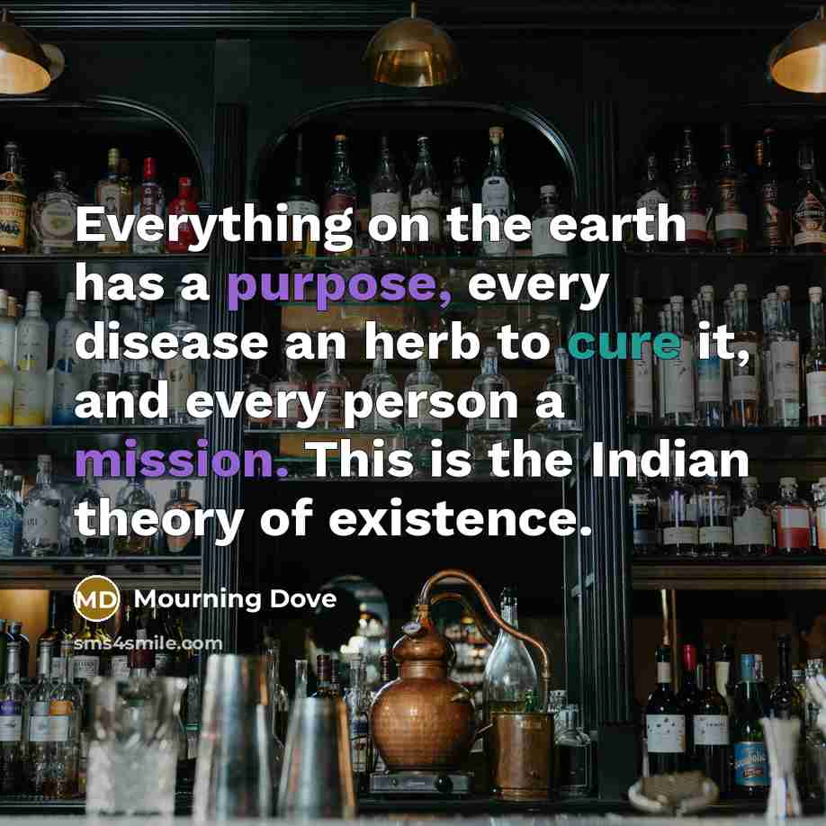 “Everything on the earth has a purpose, every disease an herb to cure it, and every person a mission. This is the Indian theory of existence.” quote by Mourning Dove