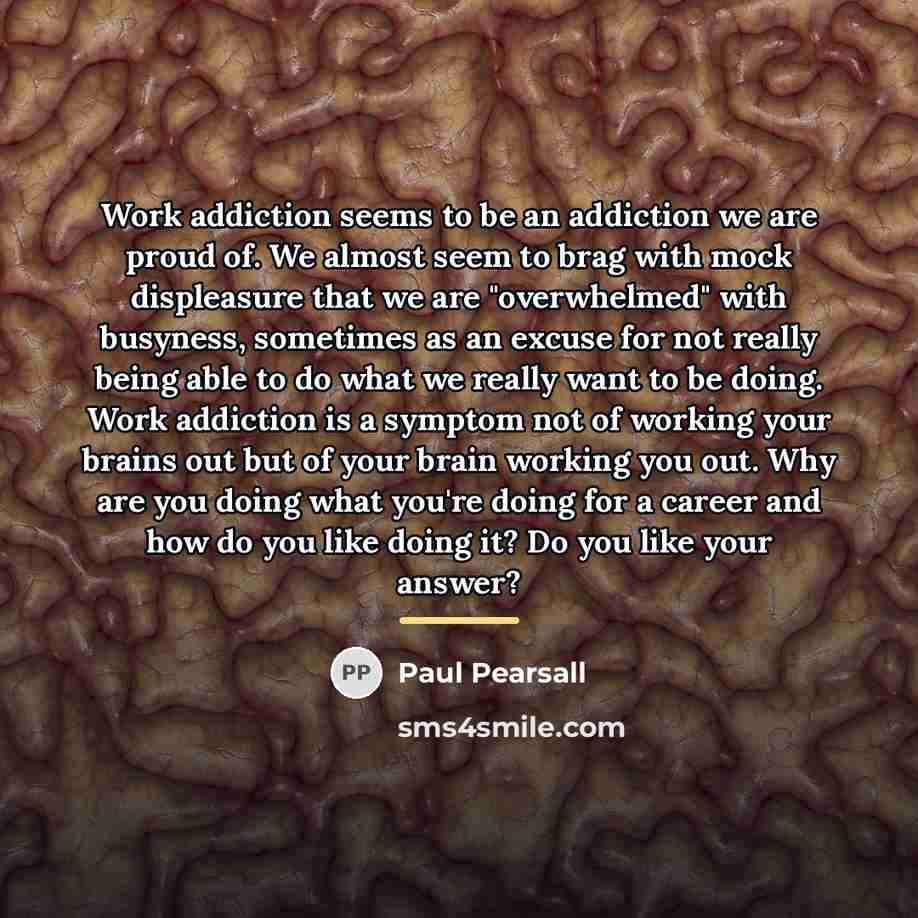 “Work addiction seems to be an addiction we are proud…” quote by Paul Pearsall