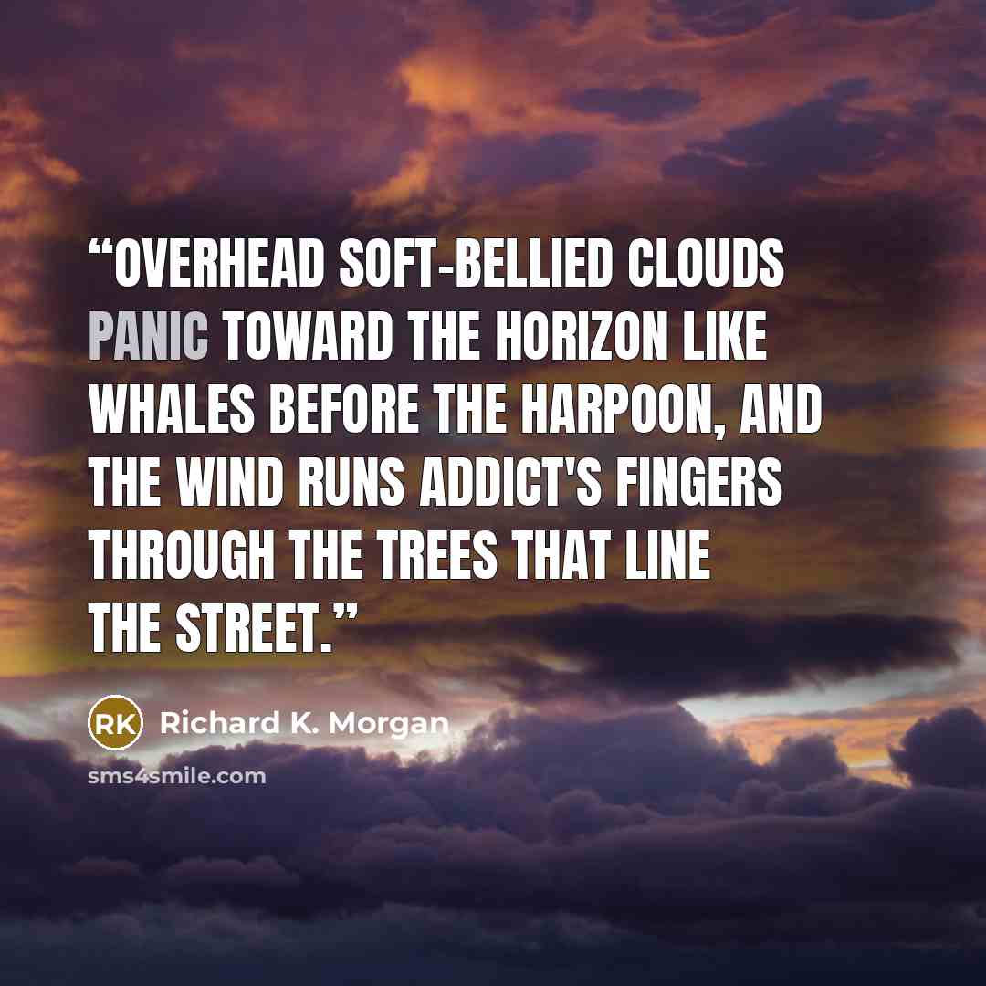 “Overhead soft-bellied clouds panic toward the horizon like whales before the harpoon, and the wind runs addict's fingers through the trees that line the street.” quote by Richard K. Morgan