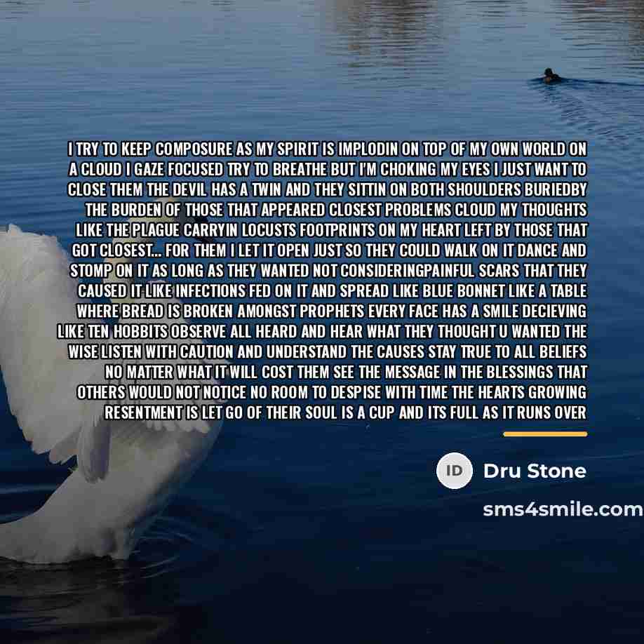 “I try to keep composure as my spirit is implodin…” quote by Dru Stone