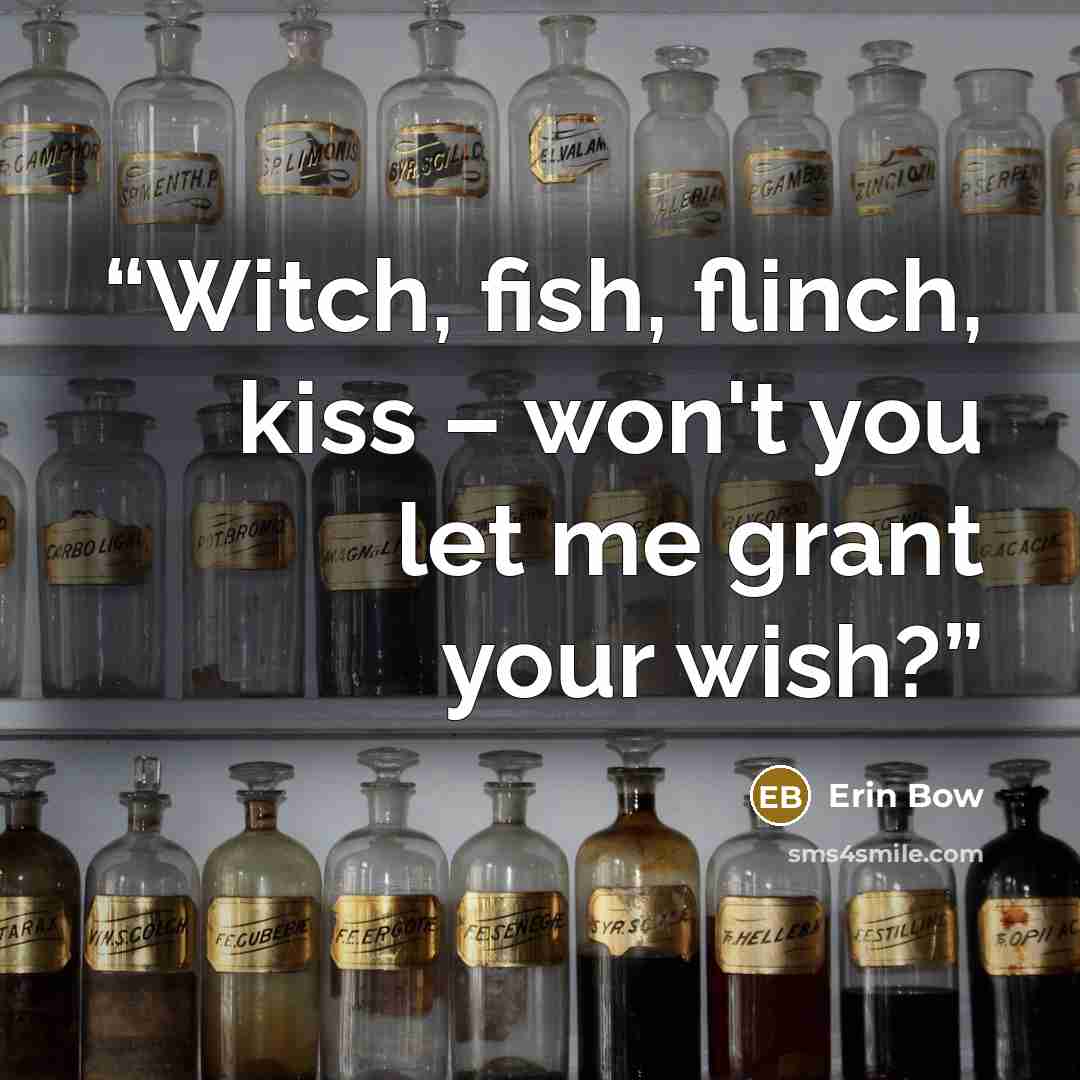 “Witch, fish, flinch, kiss – won't you let me grant your wish?” quote by Erin Bow