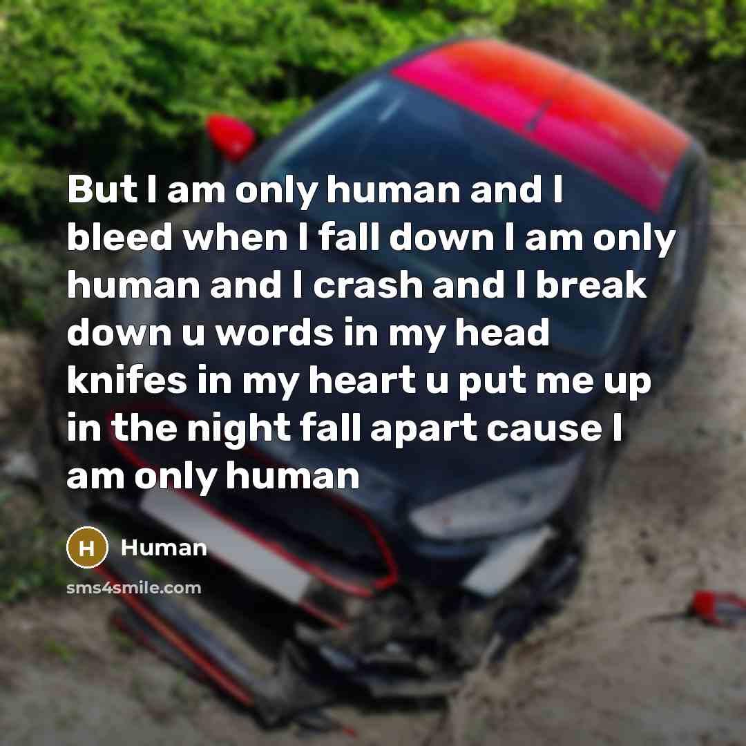 “But I am only human and I bleed when I fall down I am only human and I crash and I break down u words in my head knifes in my heart u put me up in the night fall apart cause I am only human” quote by Human